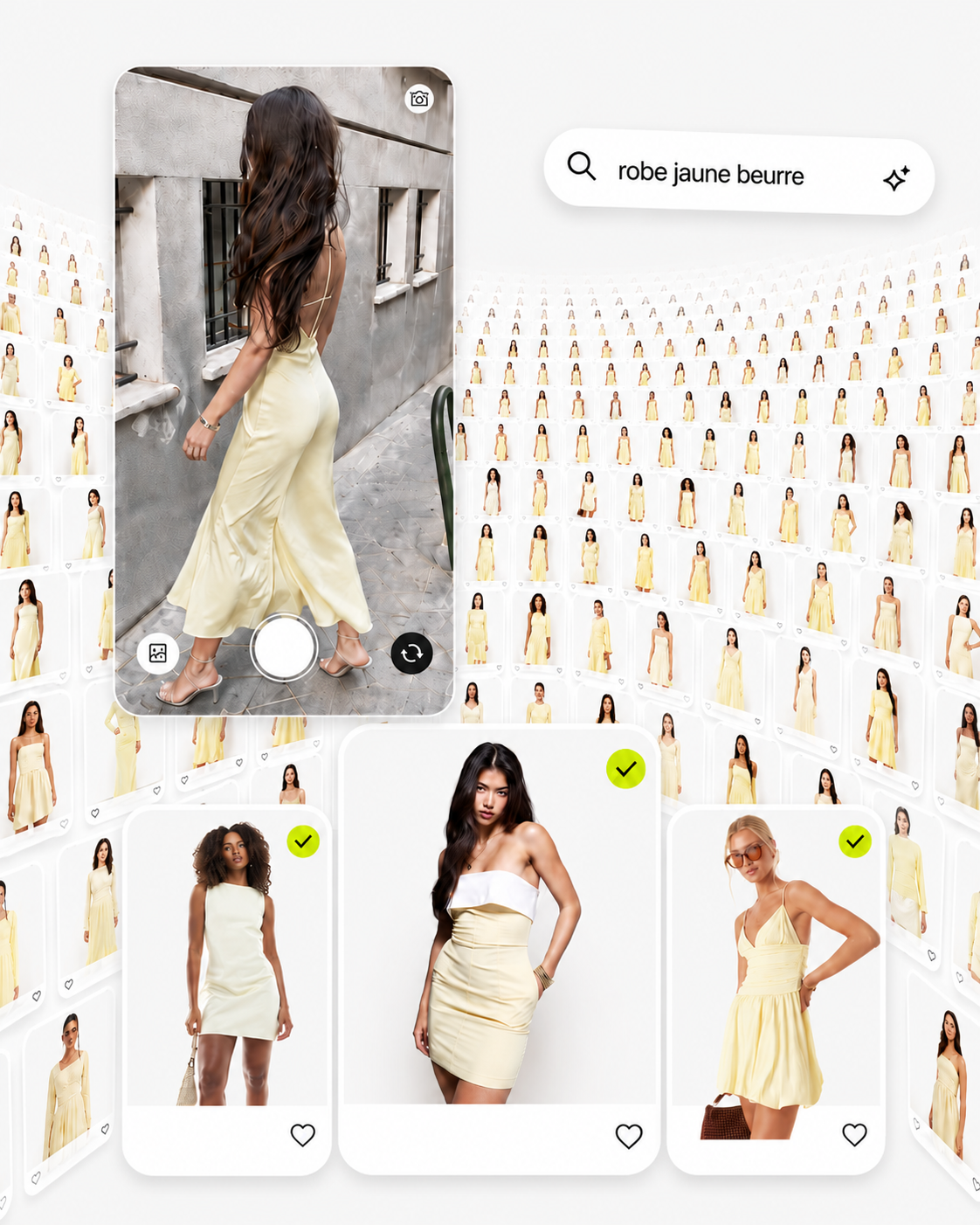 Recherche par photo dans l'app Raiphe : une robe jaune retrouvée parmi des millions de pièces